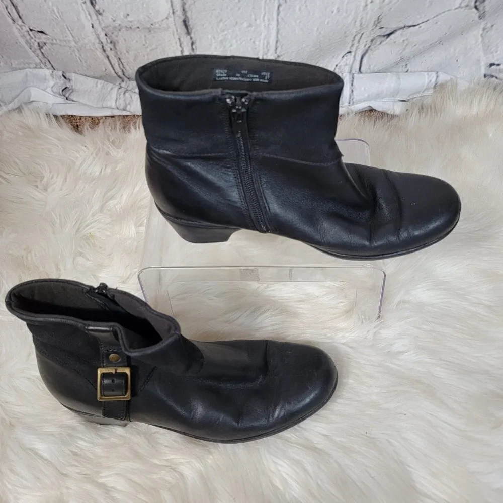 CLARKS Womens 9 Ingalls Dover‎ Leather Black Heeled Booties Comfort Ankle Boots